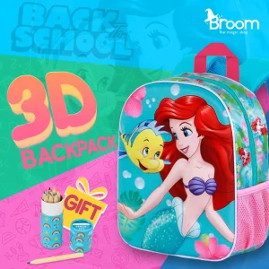 Ariel The Little Mermaid 3D backpack for preschool with embossed mermaid design, 30x25x10 cm dimensions, and free coloring gift