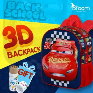 Disney Cars Cups 3D backpack for preschool with Lightning McQueen embossed design, 30x25x10 cm dimensions, and free coloring gift