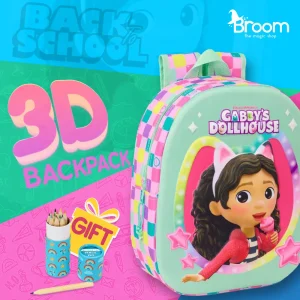 Gabbys Dolls House 3D backpack for preschool with thermoformed design, top hand handle, 33x27x10 cm dimensions, and free coloring gift
