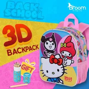 Hello Kitty and Friends Happy 3D backpack for preschool with thermoformed design, top hand handle, 30x25x10 cm dimensions, and free coloring gift