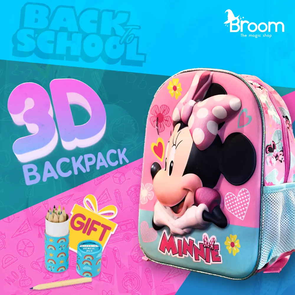 3D backpack Animation Minnie Disney Minnie Charm 3D backpack for preschool with Minnie Mouse embossed design, 30x25x10 cm dimensions, and free coloring gift
