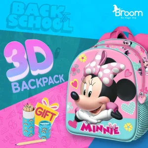 Disney Minnie Charm 3D backpack for preschool with Minnie Mouse embossed design, 30x25x10 cm dimensions, and free coloring gift