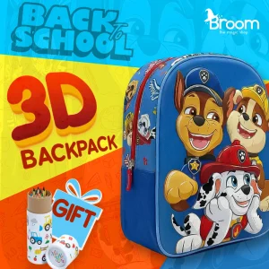 Paw Patrol 3D backpack for preschool with embossed pup design, 30x25x10 cm dimensions, and free coloring gift