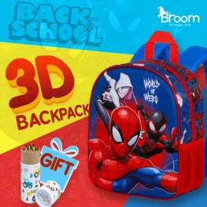 Spiderman 3D backpack for preschool with thermoformed design, top hand handle, 30x25x10 cm dimensions, and free coloring gift