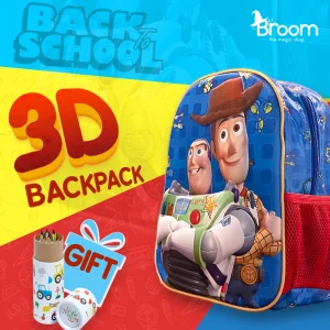 Disney Pixar Toy Story Friends 3D backpack for preschool with Woody and Buzz embossed design, 30x25x10 cm dimensions, and free coloring gift