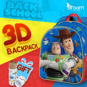 Disney Pixar Toy Story Friends 3D backpack for preschool with Woody and Buzz embossed design, 30x25x10 cm dimensions, and free coloring gift