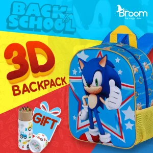 Sonic the Hedgehog Star 3D backpack for preschool with embossed Sonic graphic, 30x25x10 cm dimensions, and free coloring gift