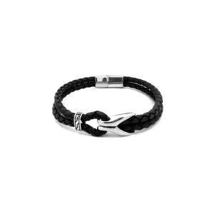 Amorino men's double braided bracelet with dark leather strap and clasp made of 316L Stainless Steel with rhodium plating. Ideal gift for men in Cyprus