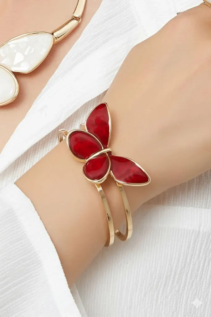 Belle-Miss-ALBINENN-Gold-Red-Butterfly-Rigid-Bracelet-2 On Hand Belle Miss ALBINENN rigid bracelet with golden structure and large red butterfly motif made of resin. Jewelry gift Cyprus.