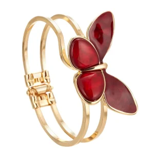 Belle Miss ALBINENN rigid bracelet with golden structure and large red butterfly motif made of resin. Jewelry gift Cyprus.