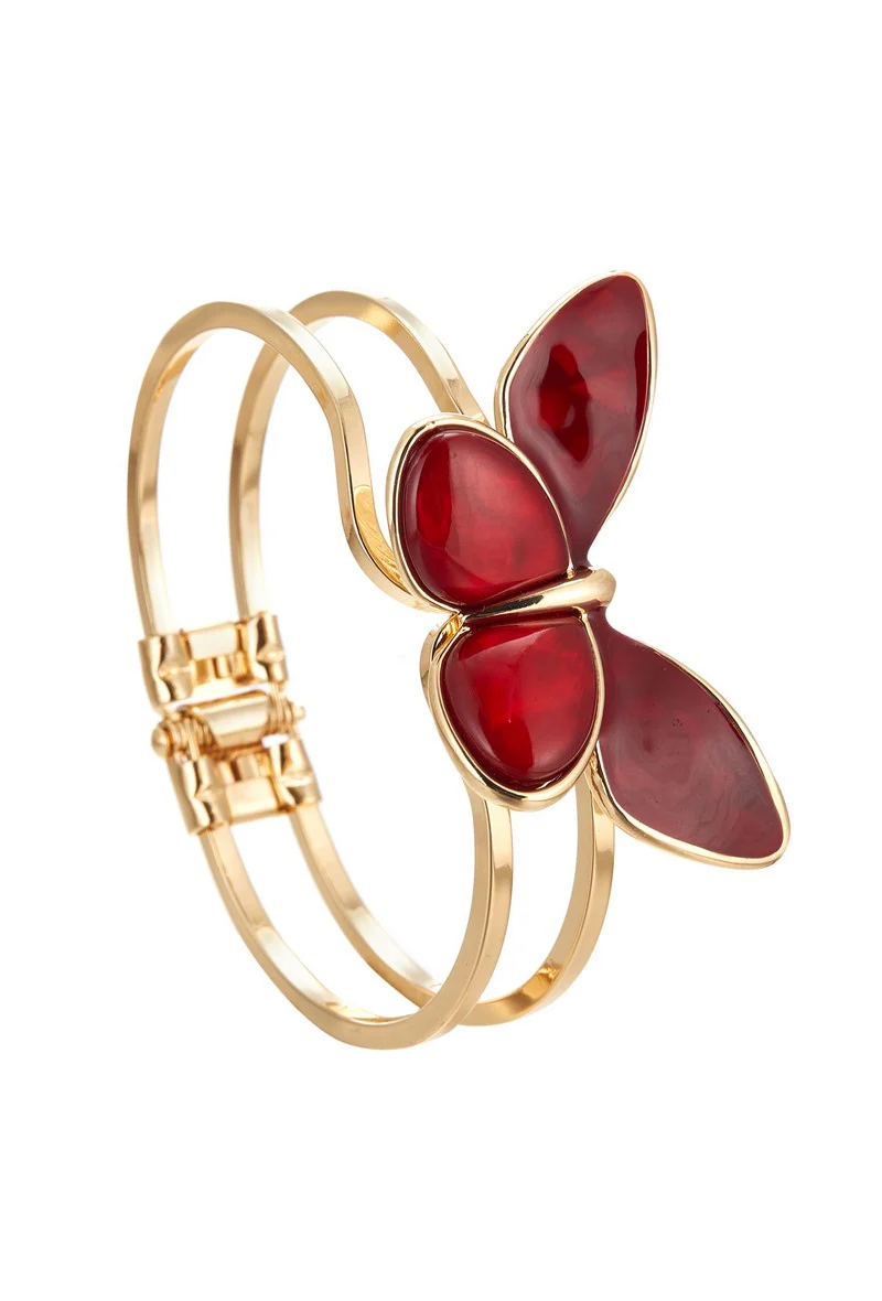 Belle Miss ALBINENN rigid bracelet with golden structure and large red butterfly motif made of resin. Jewelry gift Cyprus.