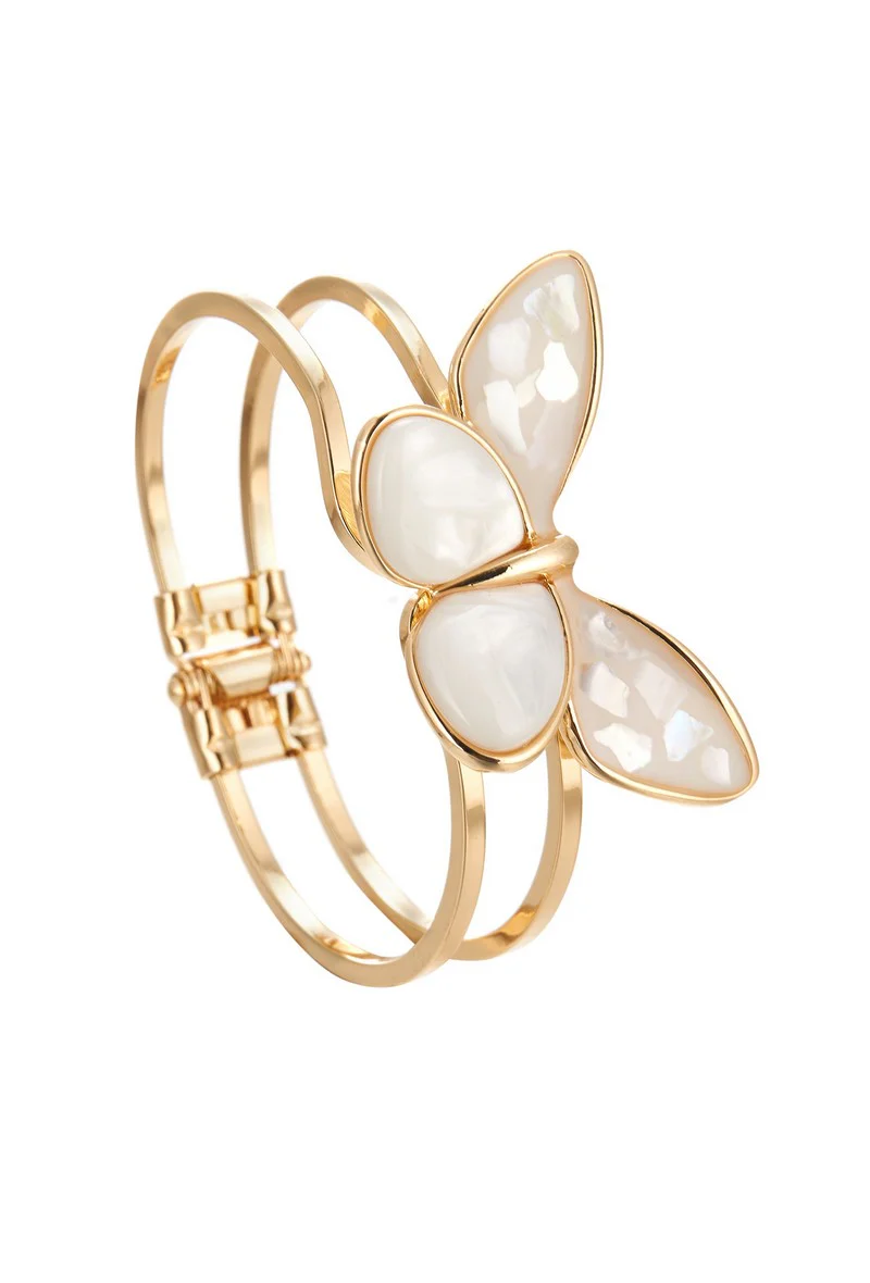 Belle Miss ALBINENN rigid bracelet with golden structure and large white butterfly motif made of resin. Jewelry gift Cyprus