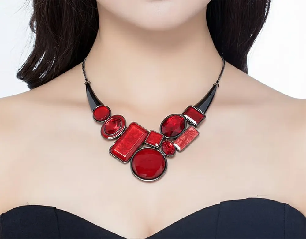 Woman Wearing Belle Miss CHLEO necklace with large motif, red enamel, and crystal. Thick chain, jewelry gift Cyprus