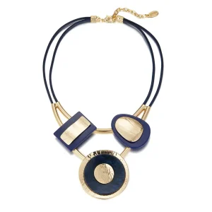 Belle Miss EMILIEN necklace with gold metal pattern and navy blue acrylic plate on a leather cord. Jewelry gift Cyprus
