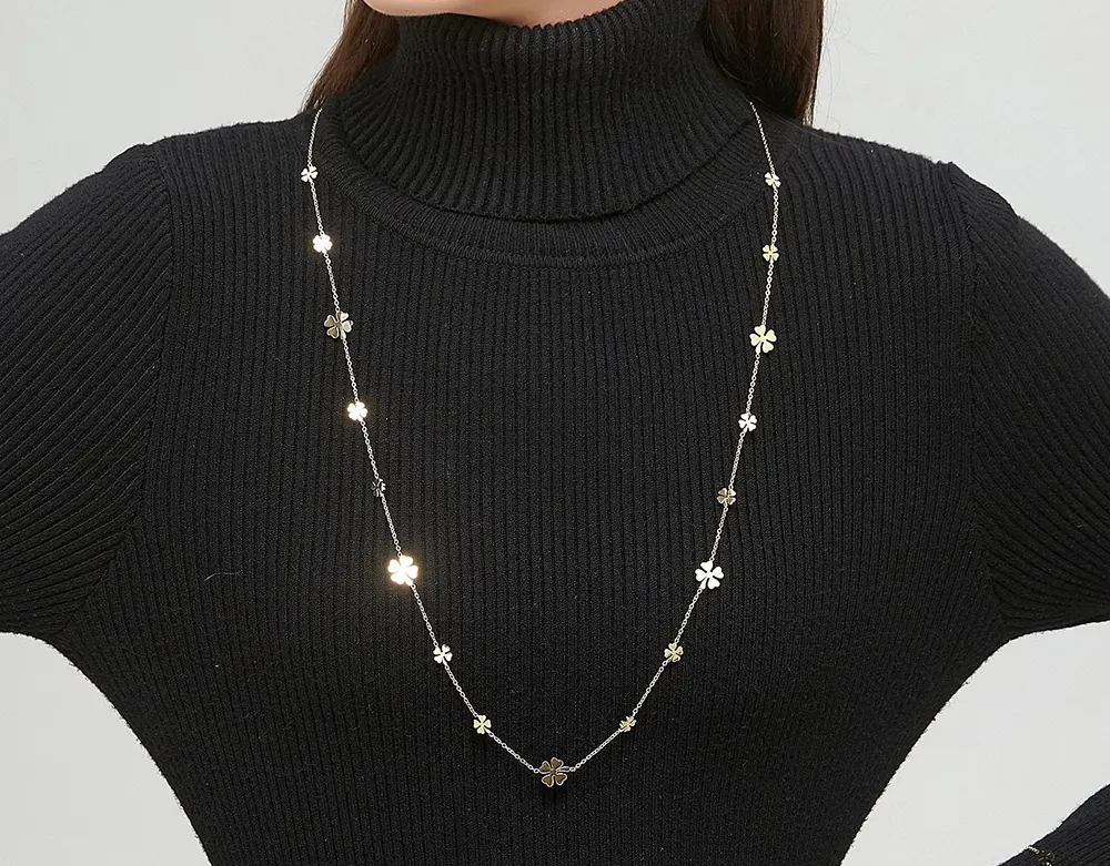 Woman wears Belle Miss ULLAVI necklace, gold-plated steel long chain (sautoir) with multi-colored enamel elements. Jewelry gift Cyprus