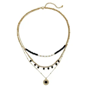 Belle Miss UMENO κολιέ με τριπλή αλυσίδα επιχρυσωμένου ατσαλιού, μαύρες πέρλες και φυσικές πέτρες.