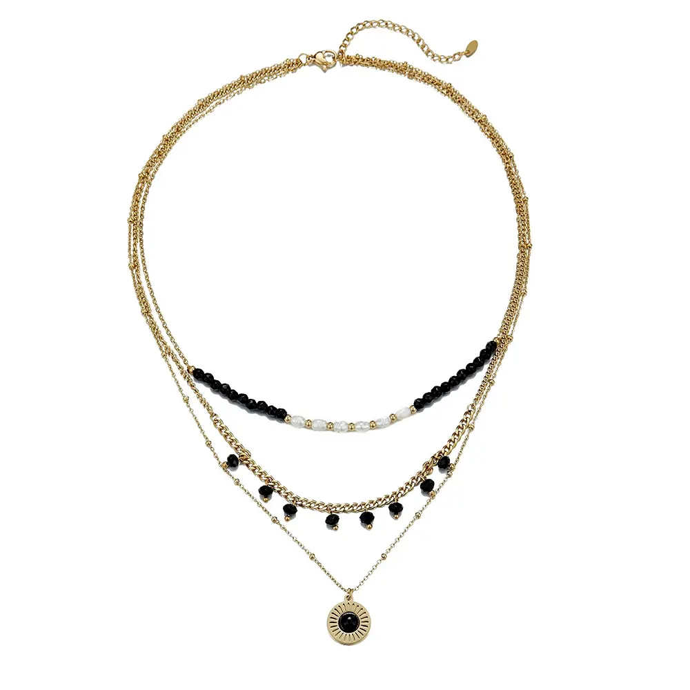 Belle Miss UMENO κολιέ με τριπλή αλυσίδα επιχρυσωμένου ατσαλιού, μαύρες πέρλες και φυσικές πέτρες.