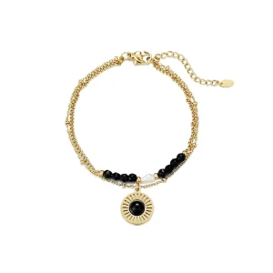 Belle Miss UMENO βραχιόλι διπλής αλυσίδας, επιχρυσωμένο ατσάλι, που αποτελείται από μία μαύρη πέρλα και χρωματισμένες φυσικές πέτρες. Layered βραχιόλι δώρο Κύπρος.