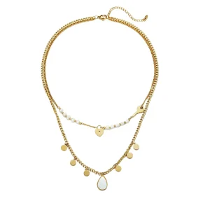 Belle Miss URMILA necklace, gold stainless steel double chain with white pearls and iridescent mother-of-pearl plate. Jewelry gift Cyprus