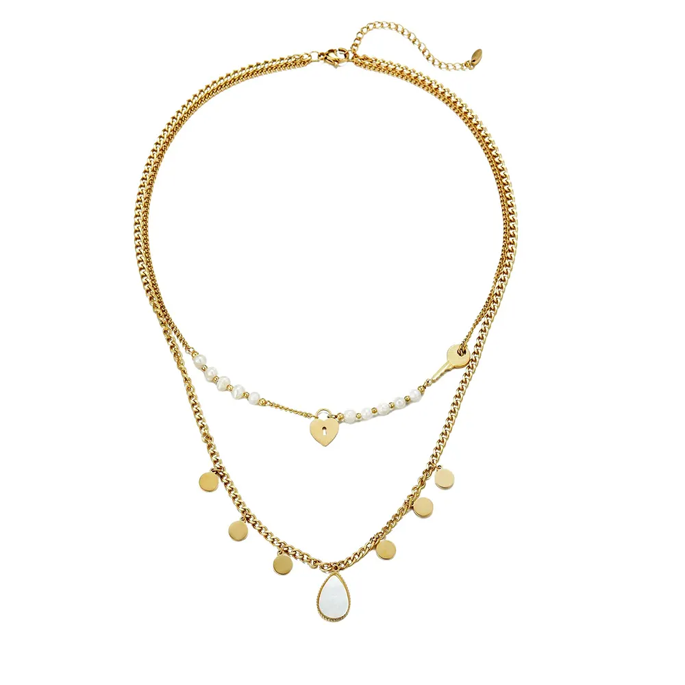 Belle Miss URMILA necklace, gold stainless steel double chain with white pearls and iridescent mother-of-pearl plate. Jewelry gift Cyprus