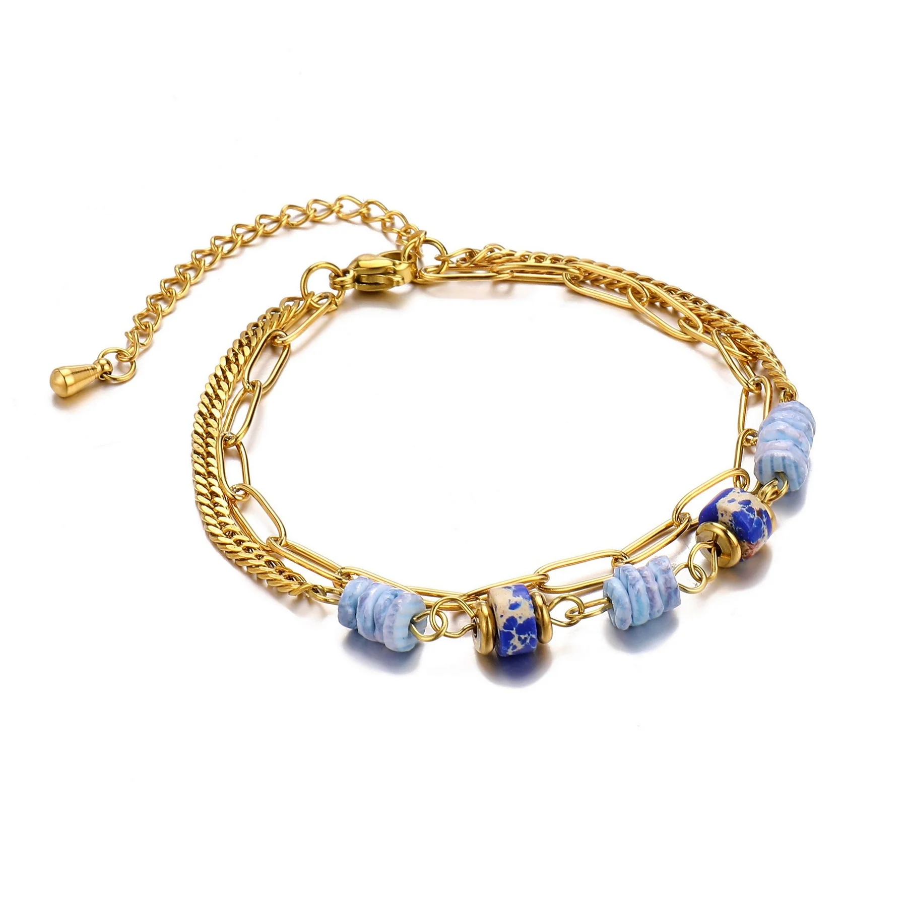 elle Miss VANA 2-row bracelet, gold-plated steel, composed of natural blue stones and mother-of-pearl. Layered chain bracelet gift Cyprus