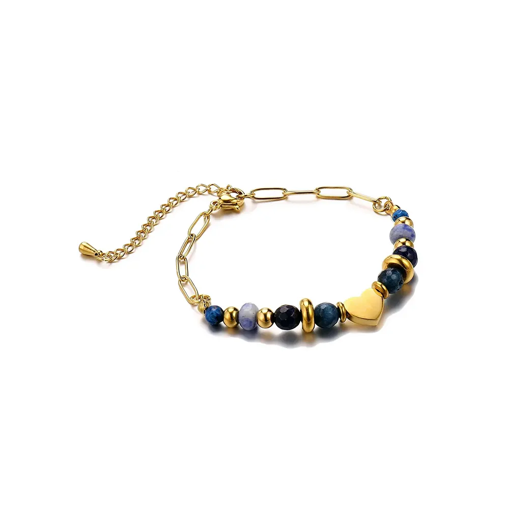 Belle Miss VITALIE bracelet, gold-plated stainless steel chain with natural blue tinted stones and small heart motifs. Jewelry gift Cyprus