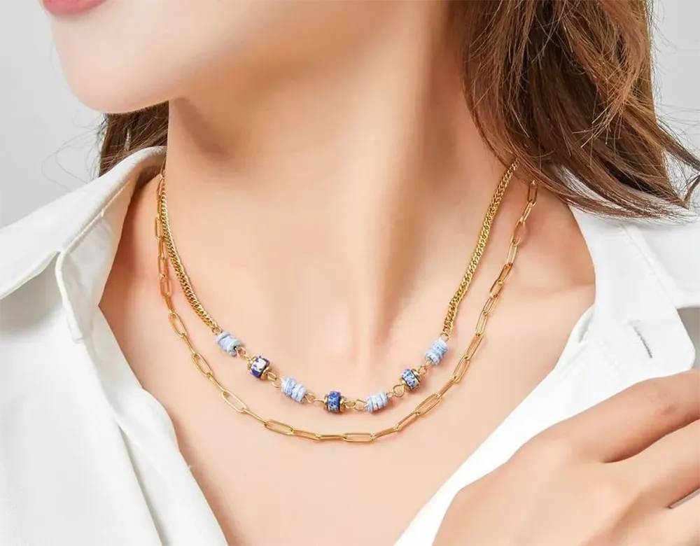 Belle-Miss-Vana-Double-Row-Necklace-Natural-Stone-Jewelry-Gift-Cyprus-1 Woman wearing Vana double-row necklace with mother-of-pearl. Jewelry gift Cyprus.