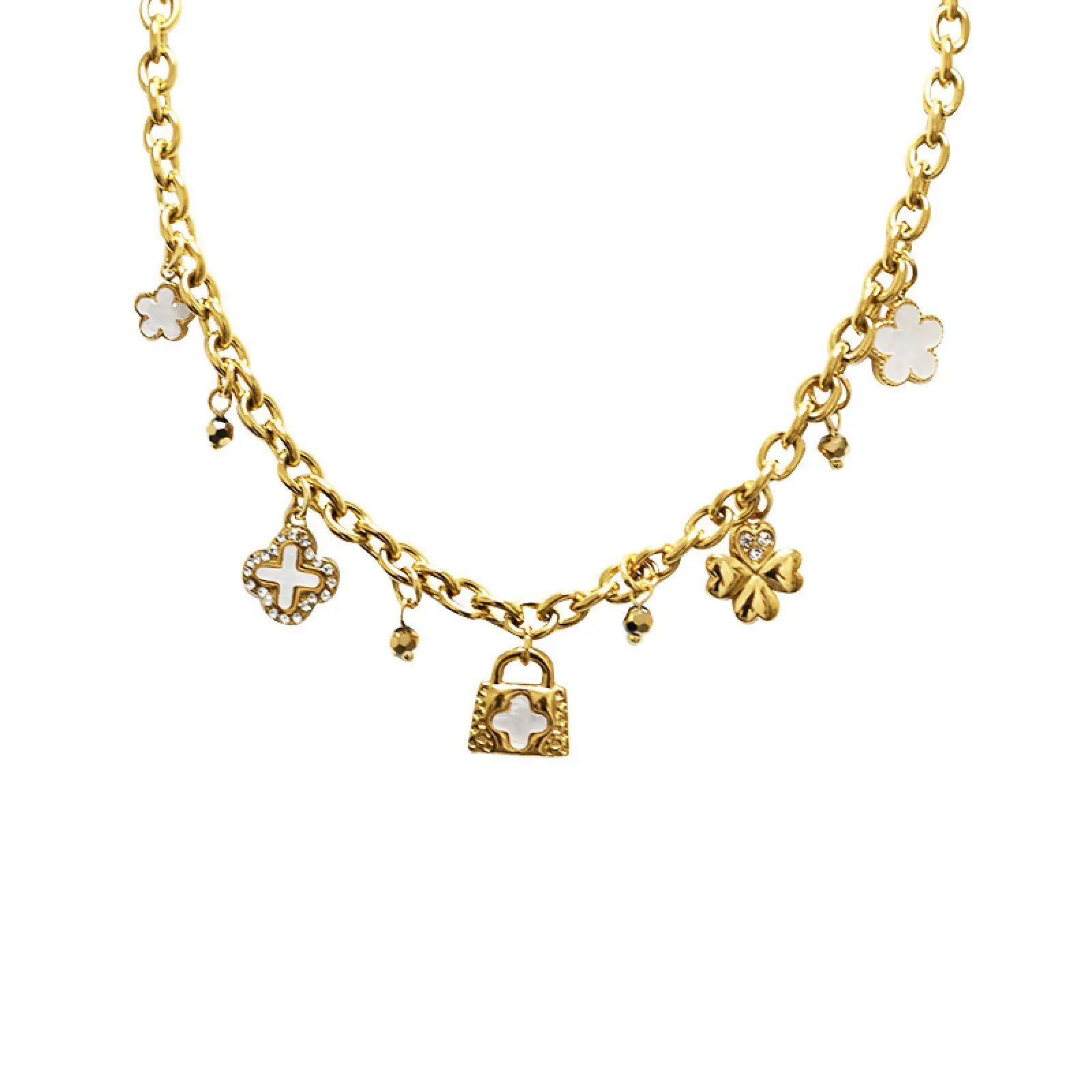 Women's bracelet, Chunky Chain, Mother of Pearl, Clovers Charms, Stainless Steel. Ideal gift in Cyprus.