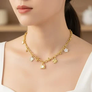 Women's bracelet, Chunky Chain, Mother of Pearl, Clovers Charms, Stainless Steel. Ideal gift in Cyprus, Woman is wearing the necklace