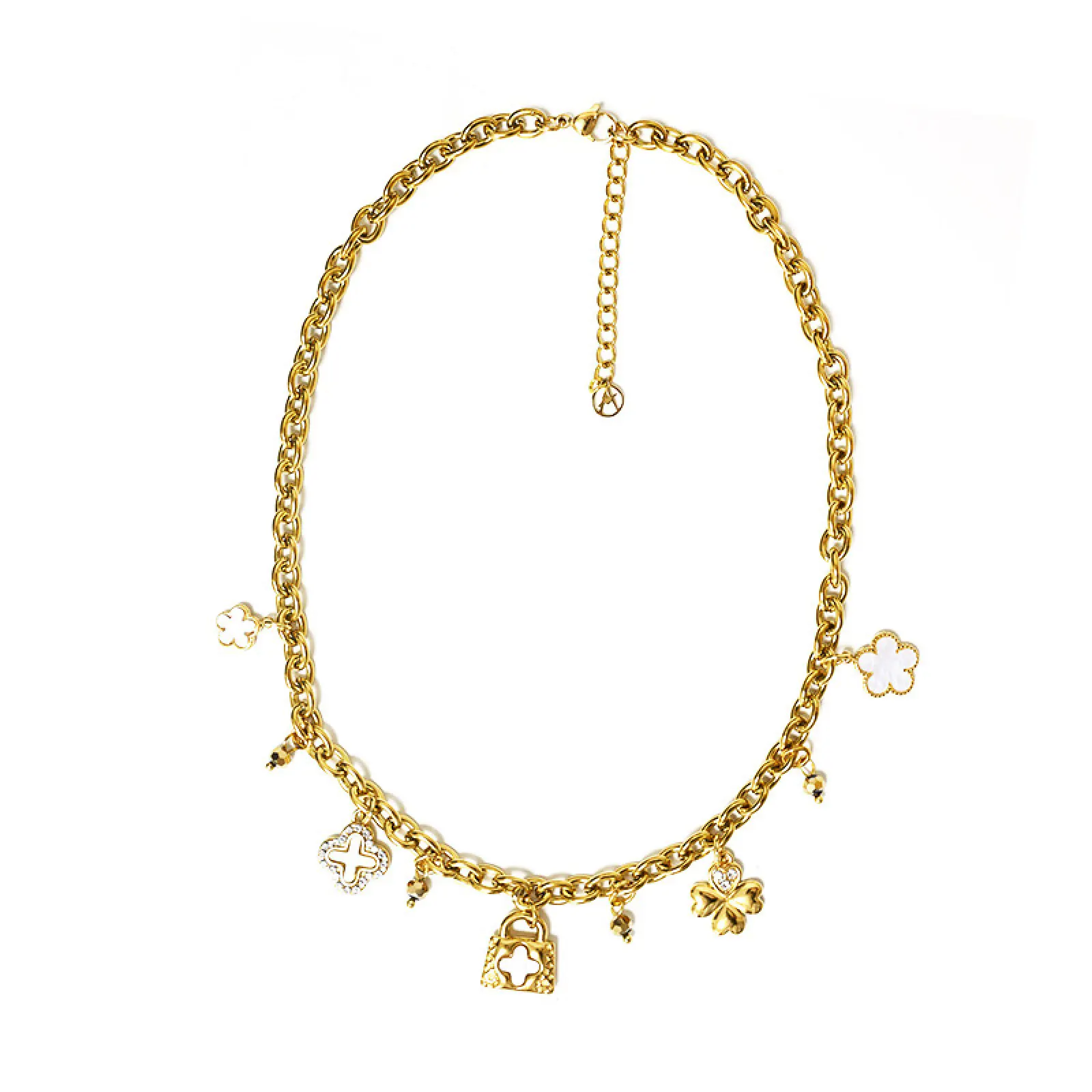 Women's bracelet, Chunky Chain, Mother of Pearl, Clovers Charms, Stainless Steel