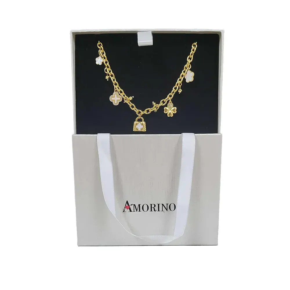 Women's bracelet, Chunky Chain, Mother of Pearl, Clovers Charms, 316L Stainless Steel. Ideal gift in Cyprus Box