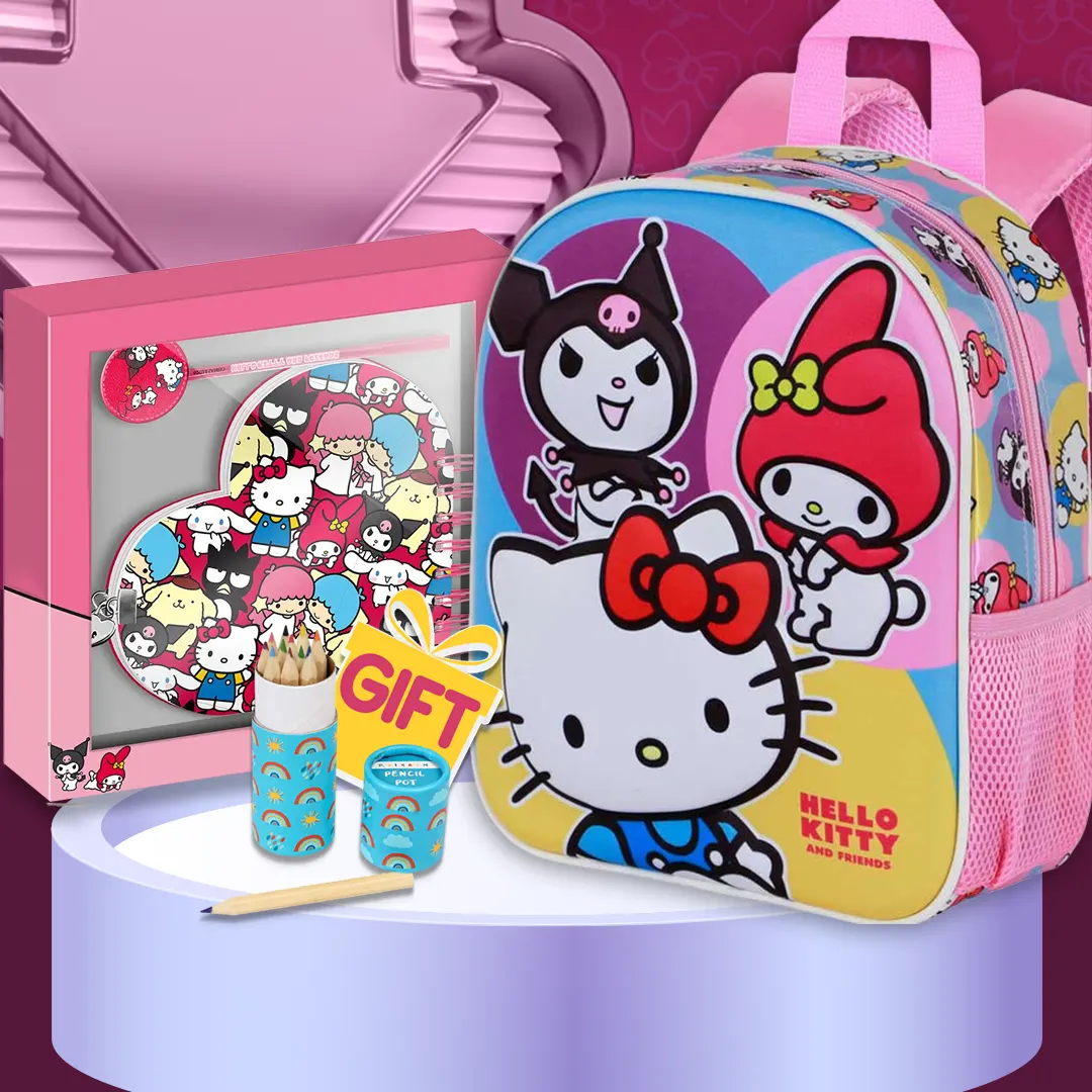 Hello Kitty and Friends Happy 3D backpack for preschool and free coloring gift Bundle with Stationery