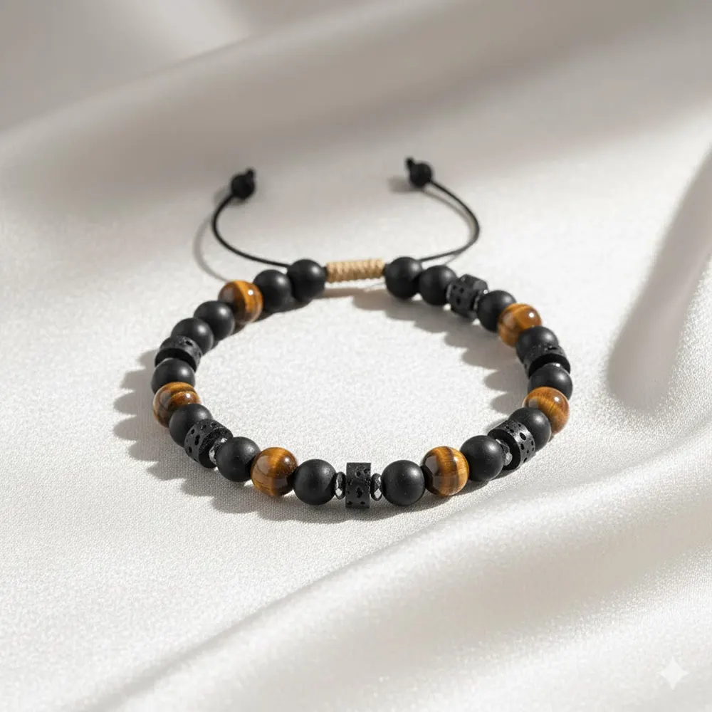 Men's adjustable bracelet, Brown Waxed Cord, Natural Stone beads (6-7mm), 316L Stainless Steel detail.