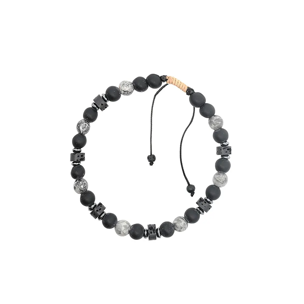 Men's adjustable bracelet, Grey Waxed Cord, Natural Stone beads (6-7mm), Stainless Steel detail. Ideal gift in Cyprus white