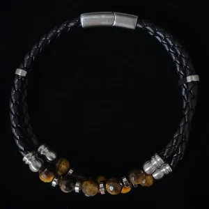 Men's bracelet, double strand, braided leather, Brown Natural Stone, 316L Stainless Steel magnetic clasp. Black