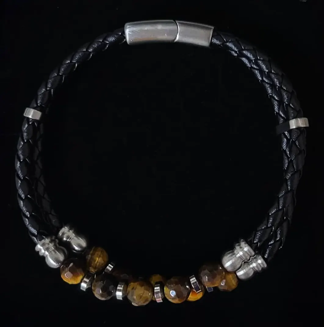 Men's bracelet, double strand, braided leather, Brown Natural Stone, 316L Stainless Steel magnetic clasp. Black