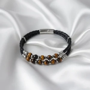 Men's bracelet, double strand, braided leather, Brown Natural Stone, 316L Stainless Steel magnetic clasp. on satin