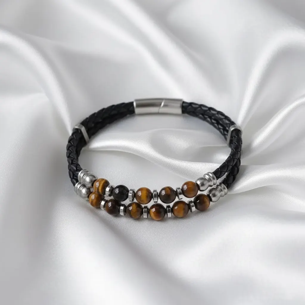 Men's bracelet, double strand, braided leather, Brown Natural Stone, 316L Stainless Steel magnetic clasp. on satin