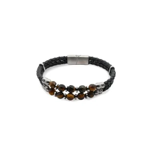 Men's bracelet, double strand, braided leather, Brown Natural Stone, 316L Stainless Steel magnetic clasp. White