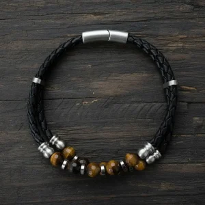 Men's bracelet, double strand, braided leather, Brown Natural Stone, 316L Stainless Steel magnetic clasp.