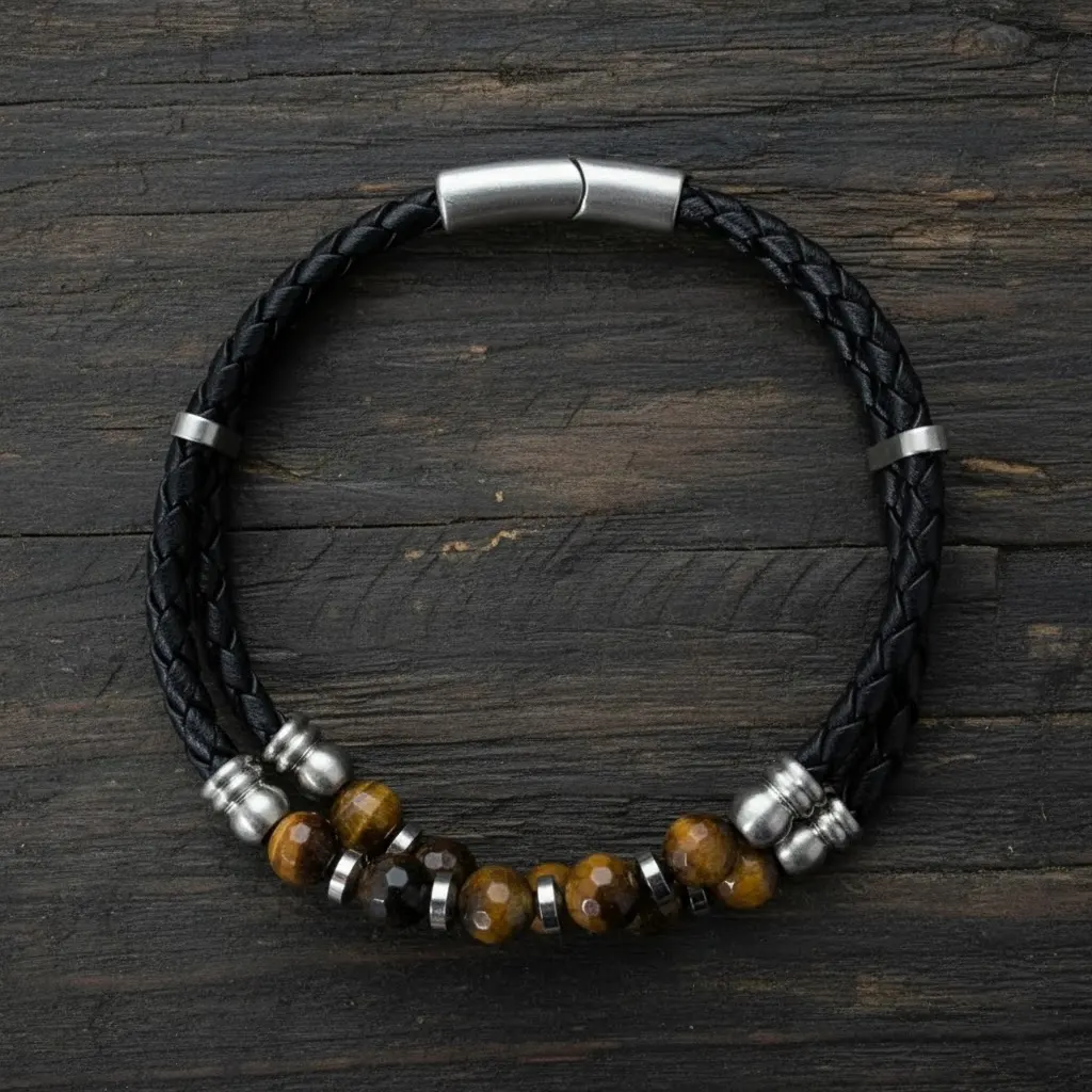 Men-Double-Strand-Black-Leather-Natural-Stone-Bracelet+new-3 Men's bracelet, double strand, braided leather, Brown Natural Stone, 316L Stainless Steel magnetic clasp.