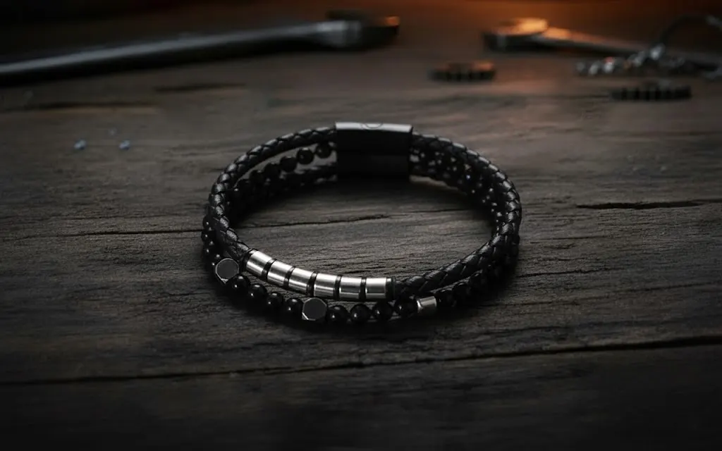 Men-Double-Strand-Braided-Leather-Natural-Stone-Bracelet-3 Men's bracelet, double strand, braided leather, Natural Stone beads, Stainless Steel magnetic clasp. Ideal gift in Cyprus.