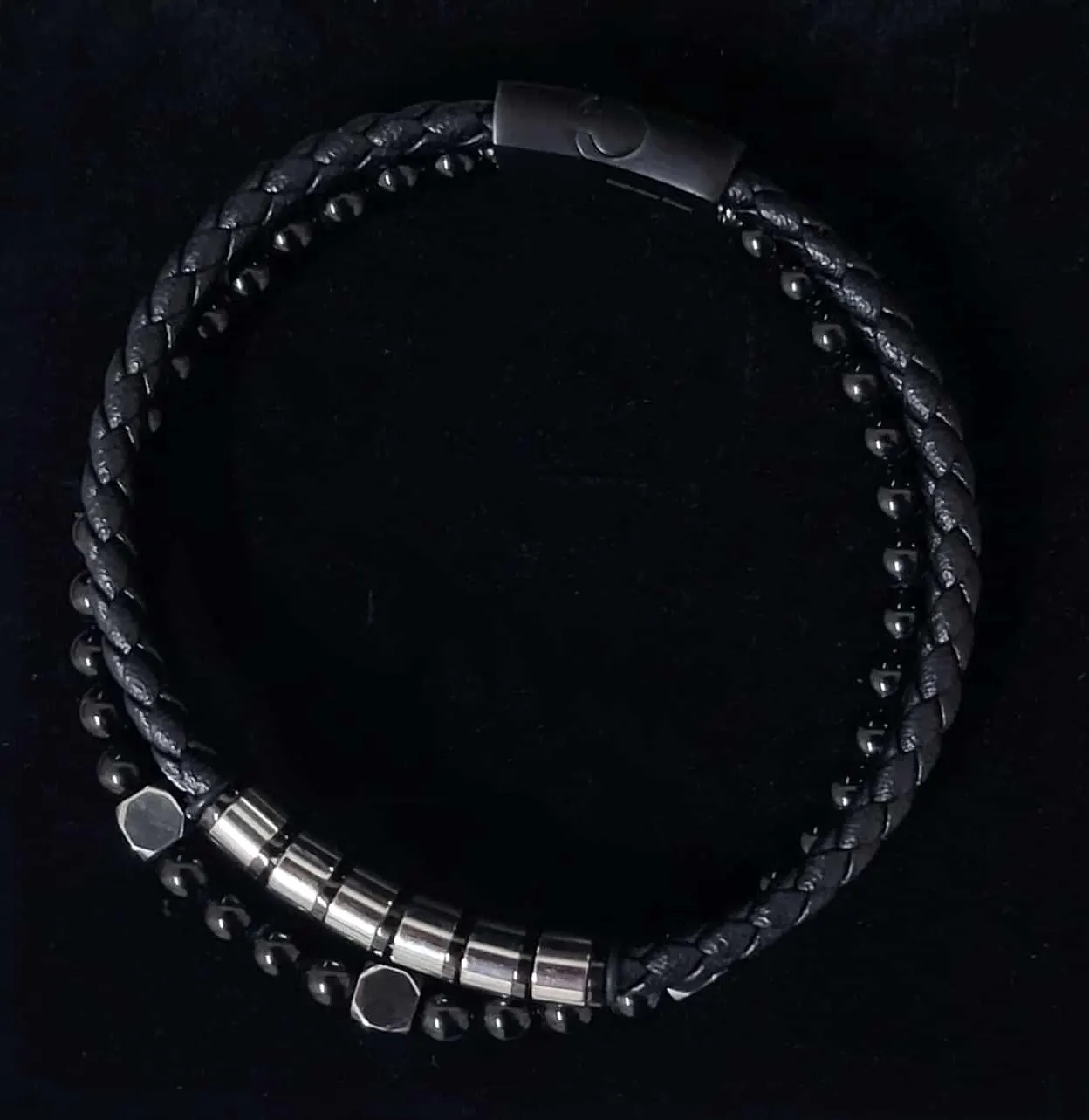 Men's bracelet, double strand, braided leather, Natural Stone beads, Stainless Steel magnetic clasp. Ideal gift in Cyprus. Black Background