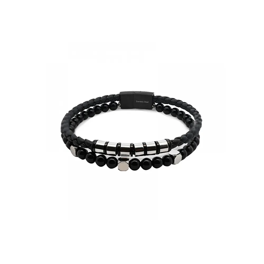 Men's bracelet, double strand, braided leather, Natural Stone beads, Stainless Steel magnetic clasp. Ideal gift Cyprus.