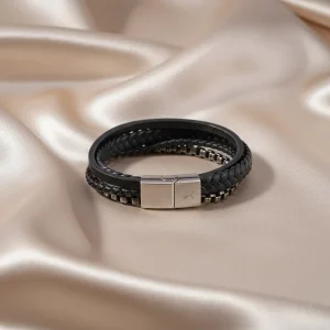 Men's bracelet, four-strand black leather, Stainless Steel clasp, rhodium plated. Ideal gift in Cyprus. on satin design