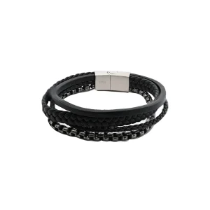 Men's bracelet, four-strand black leather, Stainless Steel clasp, rhodium plated. Ideal gift in Cyprus.