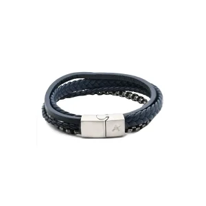 Men's bracelet, four-strand blue leather, Stainless Steel clasp, rhodium plated. Back