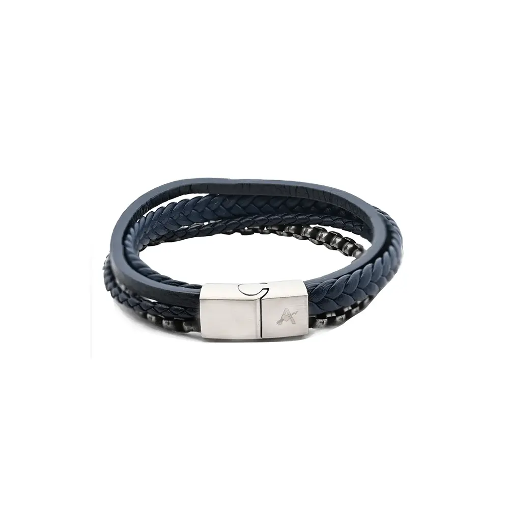 Men's bracelet, four-strand blue leather, Stainless Steel clasp, rhodium plated. Back