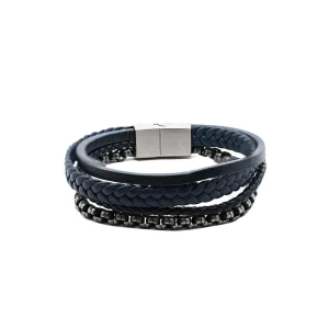 Men's bracelet, four-strand blue leather, Stainless Steel clasp, rhodium plated. Front