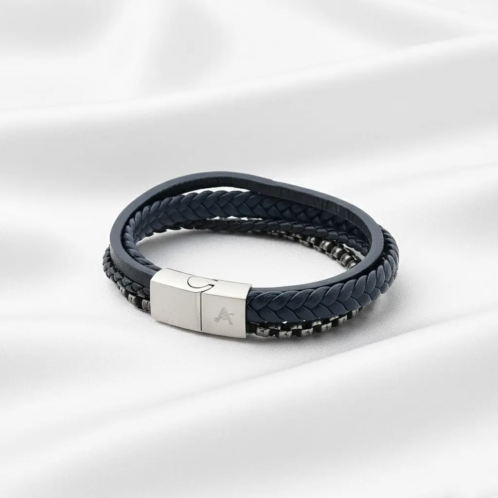 Men-four-layer-Blue-Leather-Bracelet-cyprus-gifts-new-3 Men's bracelet, four-strand blue leather, Stainless Steel clasp, rhodium plated.